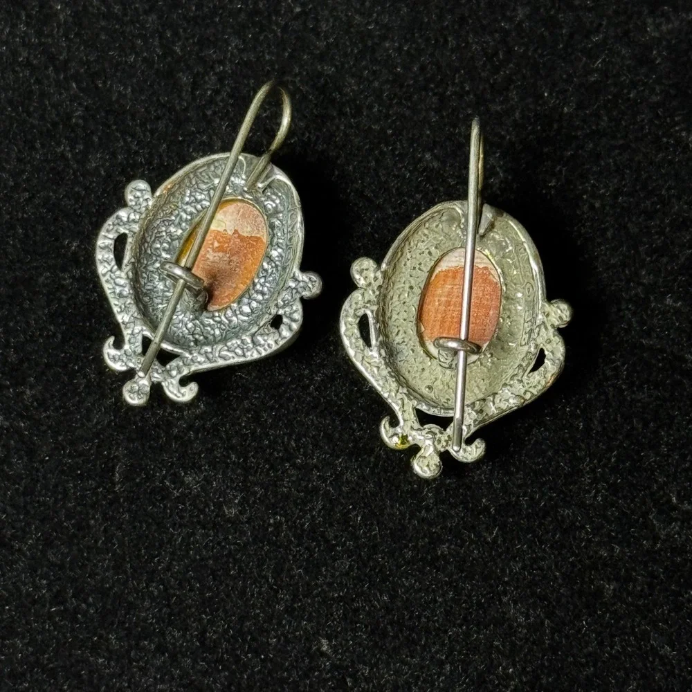 Vintage MC 925 Sterling Silver Orange Banded Agate Drop Artisan Earrings - Picture 5 of 7